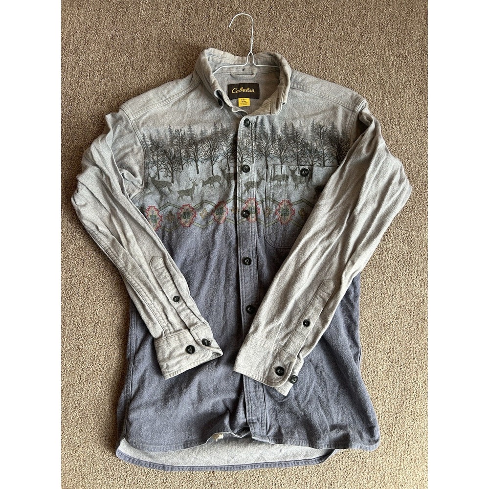 Vintage Cabelas Button Up Deer Print Front and Back Great Shape Rare Find Size S